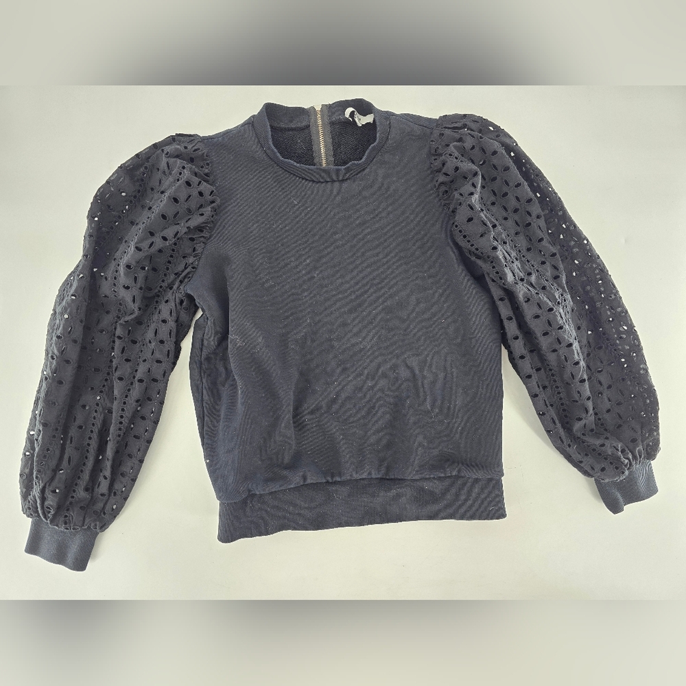 Black Embellished Boxy Long Sleeve Sweatshirt with flower arm hole pattern Sz XS